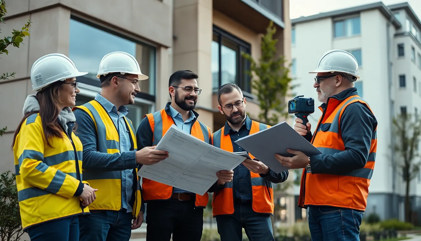 Équipe de quatre auditeurs énergétiques certifiés examinant l'extérieur d'un bâtiment résidentiel pour un diagnostic de performance énergétique.