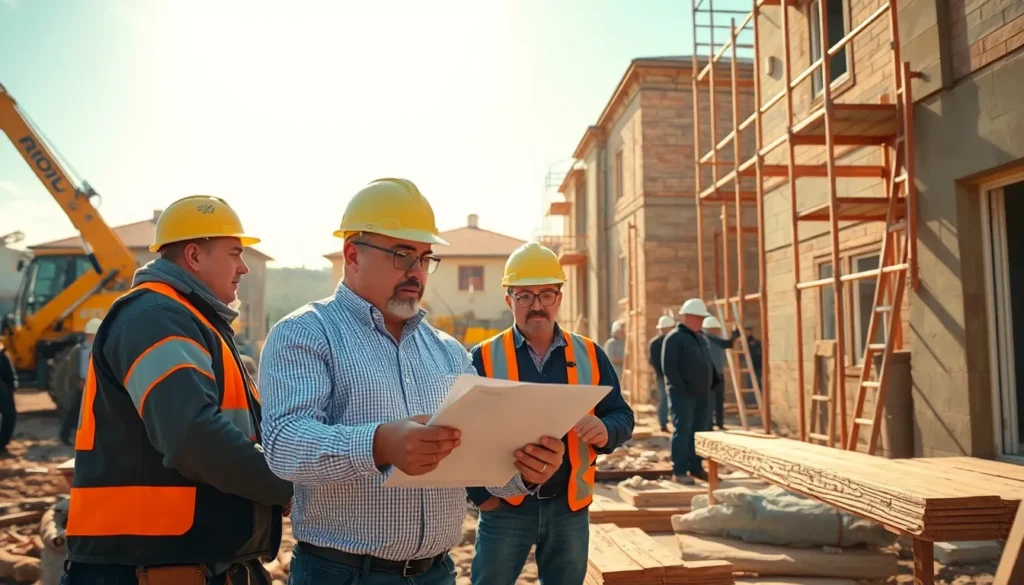 Professionnels en inspection sur un chantier résidentiel, évaluant l'intégrité du bâtiment et discutant des améliorations d'efficacité énergétique.