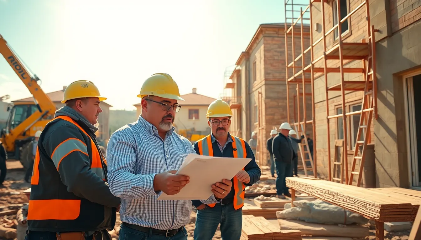 Professionnels en inspection sur un chantier résidentiel, évaluant l'intégrité du bâtiment et discutant des améliorations d'efficacité énergétique.