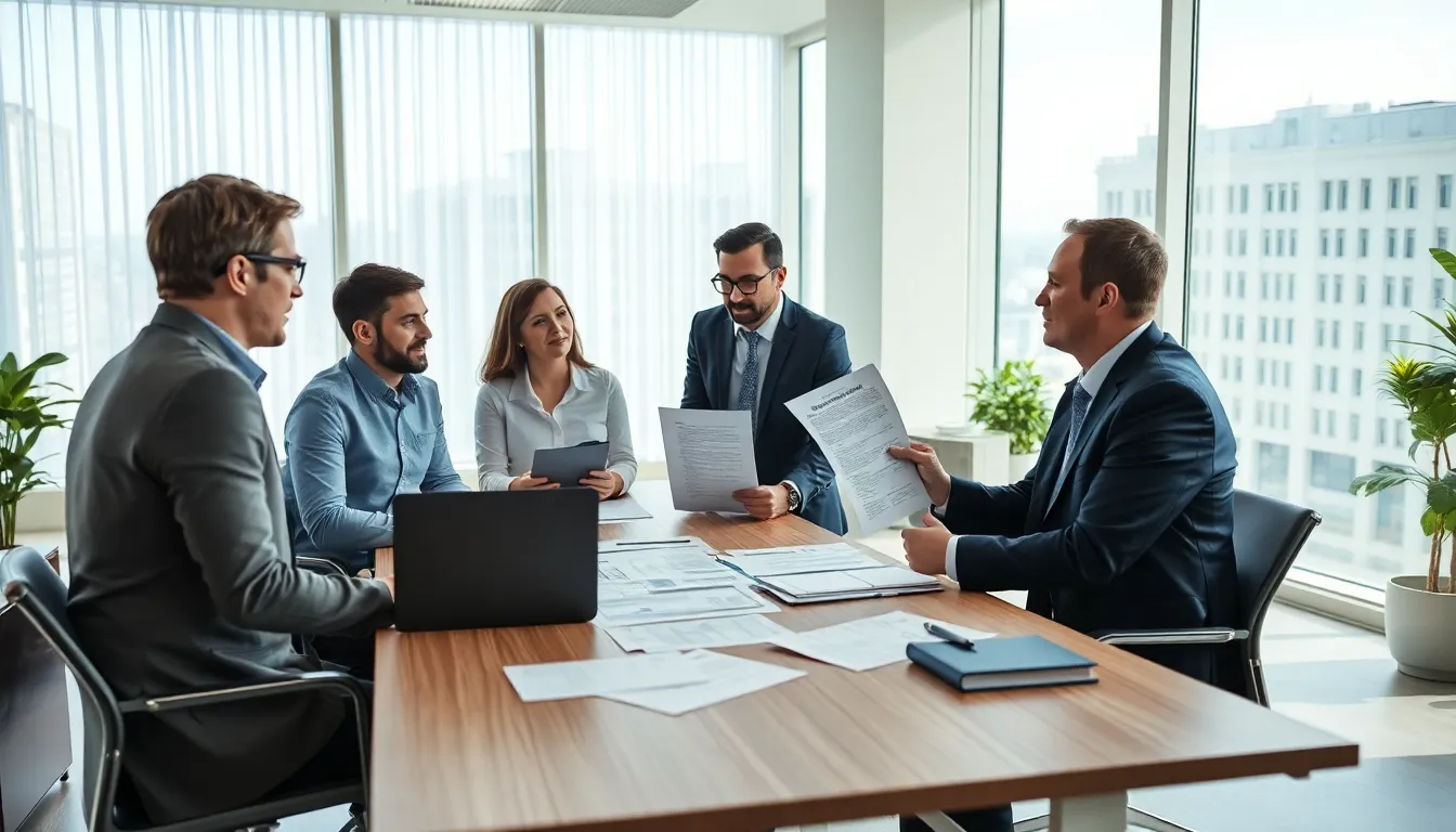 Cinq professionnels dans un bureau lumineux discutant de la conformité réglementaire dans les diagnostics immobiliers, entourés de documents techniques et d'une checklist sur un ordinateur portable.