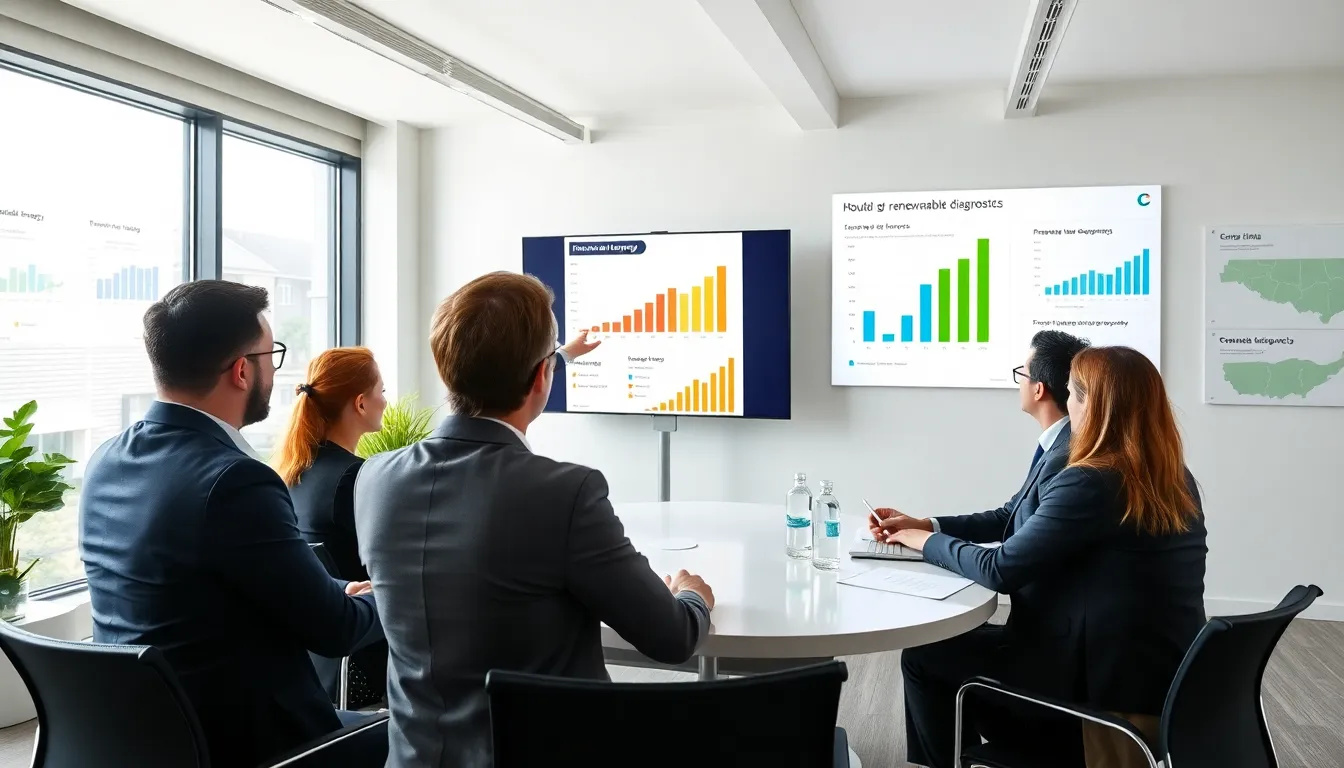 Cinq professionnels dans un bureau moderne discutant des diagnostics liés aux énergies renouvelables en France avec des graphiques affichés à l'écran.