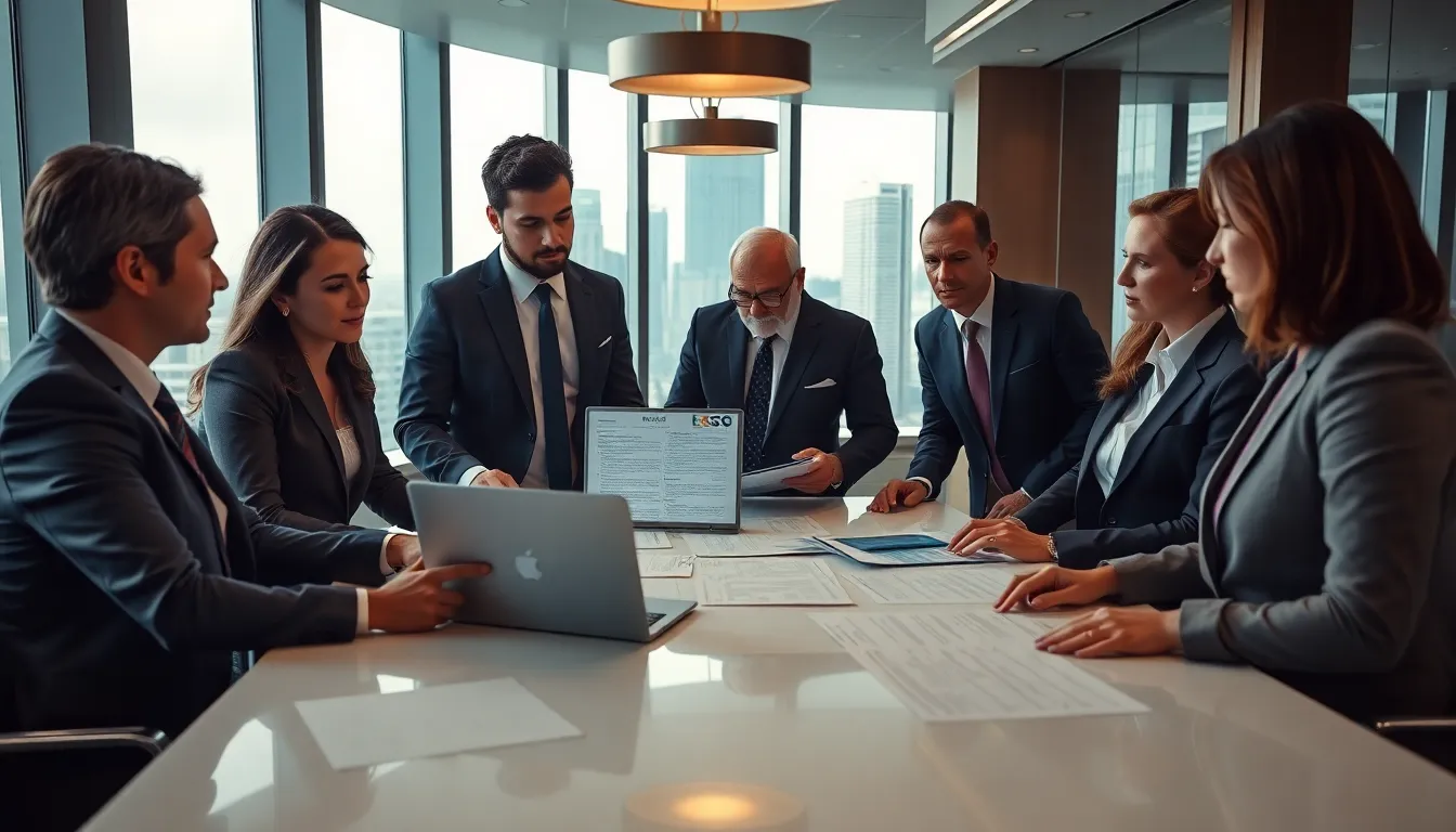 Une équipe de cinq professionnels en tenue formelle réunis autour d'une table moderne en train d'analyser des documents liés aux diagnostics immobiliers, avec une ambiance professionnelle.