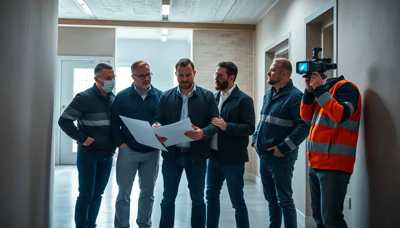 Une équipe de cinq professionnels en inspection d'un bâtiment résidentiel, examinant des rapports et vérifiant l'intégrité des murs avec une caméra thermique.
