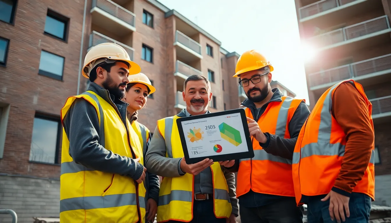 Une équipe de cinq professionnels sur un chantier de logement social inspectant des données d'évaluation des risques climatiques sur une tablette numérique.