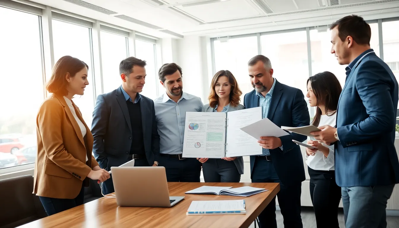 Cinq professionnels en tenue décontractée autour d'une table dans un bureau moderne discutant du Dossier Technique Amiante pour un projet de copropriété, avec un ordinateur portable et des documents.