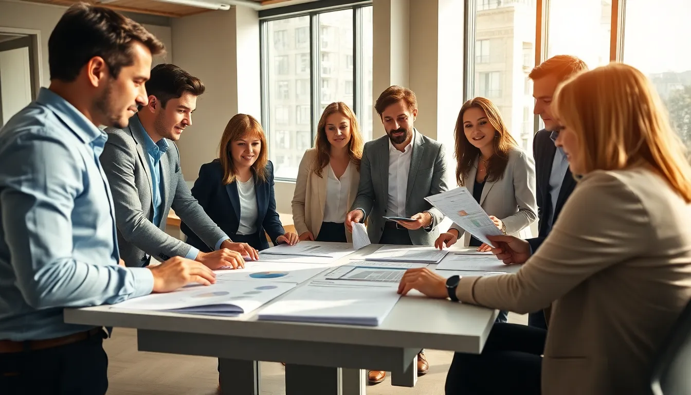Céline Jacquemard et un groupe de professionnels discutant de l'avenir de l'AOCP dans un bureau moderne, entourés de documents sur les diagnostics immobiliers.