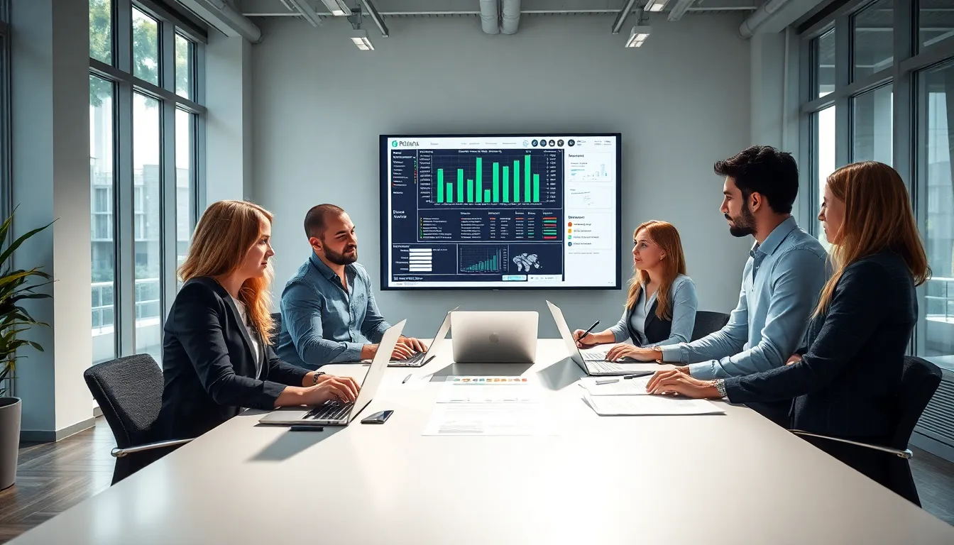 Cinq professionnels dans un bureau moderne discutant d'une analyse de la performance énergétique d'un bâtiment, avec des rapports et des ordinateurs portant une ambiance sérieuse et dynamique.