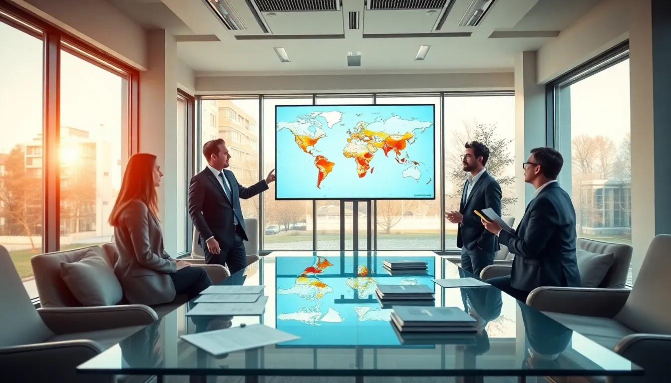 Cinq professionnels de l'immobilier en réunion dans un bureau spacieux, discutant de l'évaluation des risques climatiques pour les propriétés avec une carte affichée à l'écran.