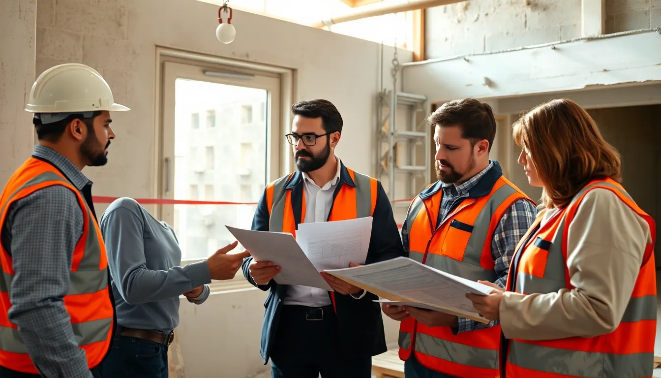 Cinq professionnels au chantier inspectant des installations de menuiseries tout en consultant des rapports techniques, illustrant l'importance des diagnostics immobiliers.