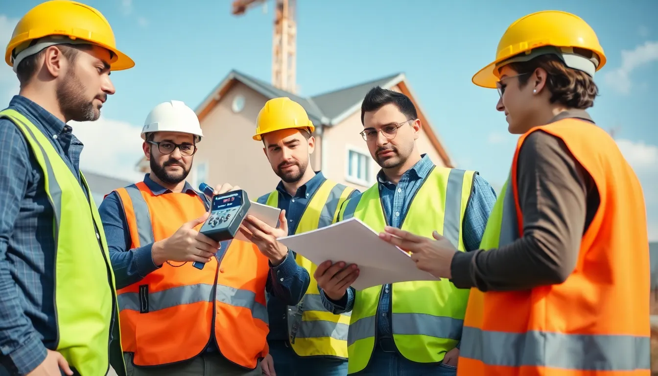 Cinq inspecteurs professionnels sur un chantier immobilier en train de vérifier la présence d'amiante et de prendre des notes sur un bâtiment résidentiel.