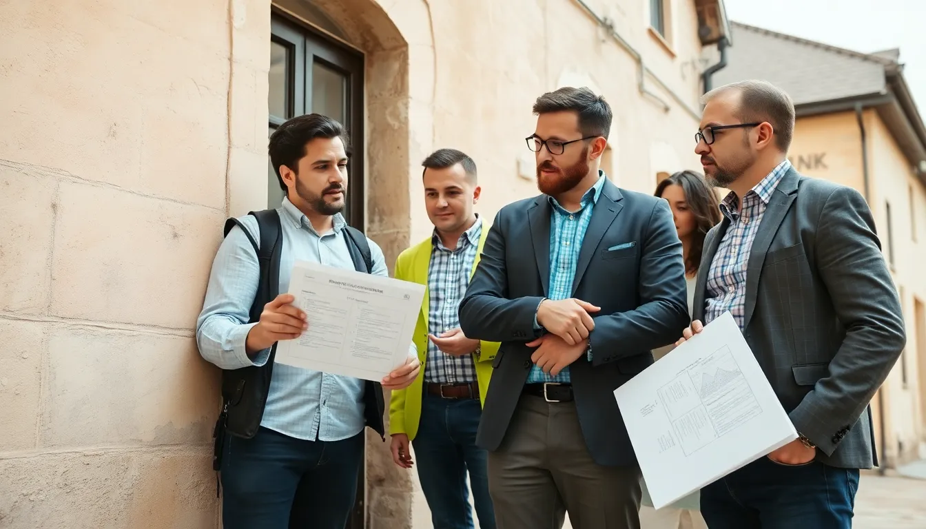 Quatre professionnels inspectant la façade d'un bâtiment ancien, discutant des éléments historiques et des exigences de performance énergétique.