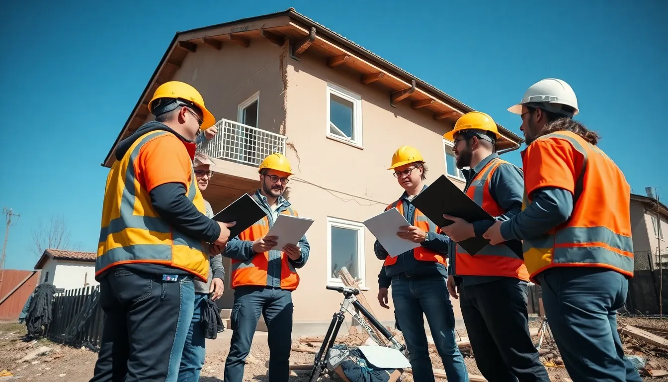 Cinq professionnels en équiment de sécurité inspectant un bâtiment résidentiel pour des dommages liés à des catastrophes naturelles, illustrant l'expertise d'ODI-DIAGNOSTICS.