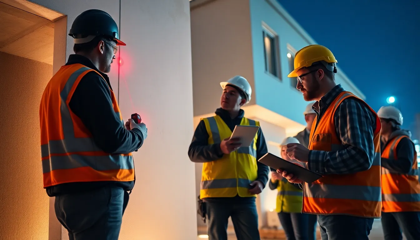 Quatre professionnels en tenue de chantier inspectant un bâtiment résidentiel pour un diagnostic de performance énergétique avec des outils modernes.