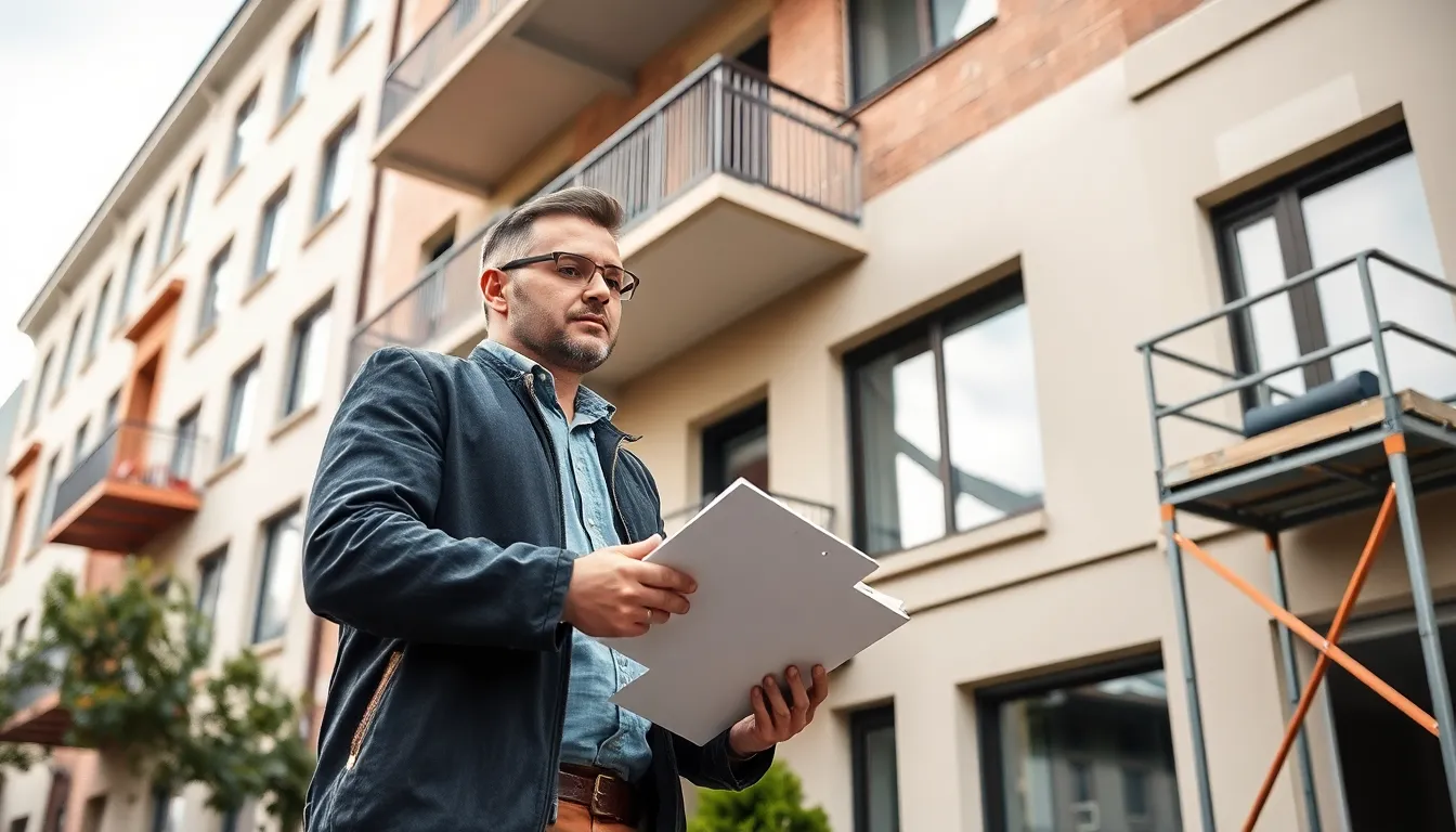 Un technicien en diagnostic immobilier inspectant l'extérieur d'un immeuble résidentiel, utilisant des outils de mesure et un clipboard, dans un environnement urbain moderne.