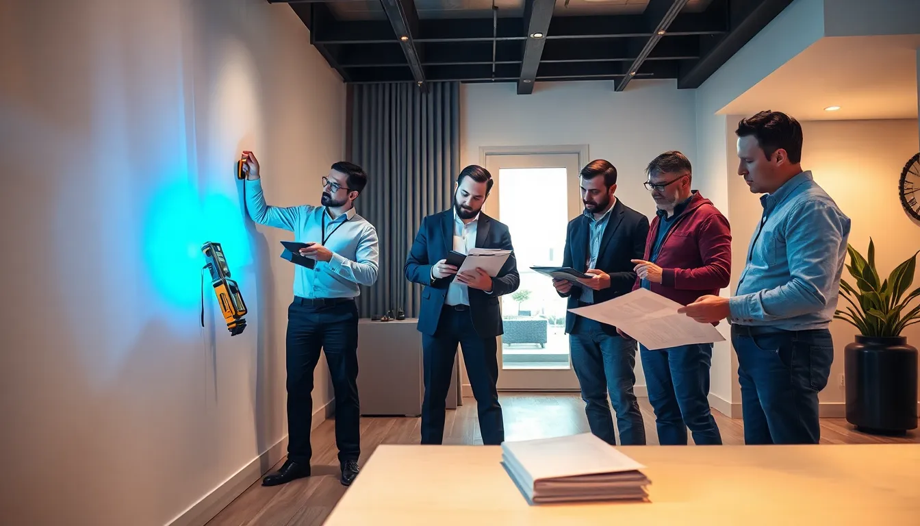 Groupe de cinq professionnels en train d'inspecter un bâtiment résidentiel, mesurant les murs et discutant des diagnostics immobiliers.
