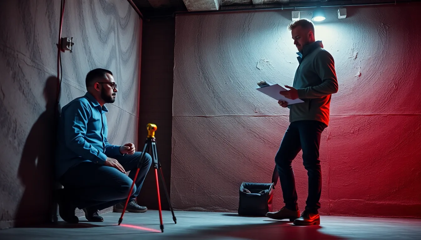 Deux professionnels en train d'inspecter un sous-sol résidentiel pour un mesurage Loi Carrez, utilisant un outil de mesure laser dans un environnement de bâtiment professionnel.