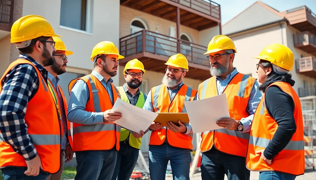 Cinq professionnels en casques et gilets de sécurité inspectant un immeuble résidentiel tout en discutant des diagnostics de performance énergétique et vérifiant des documents sur une tablette.