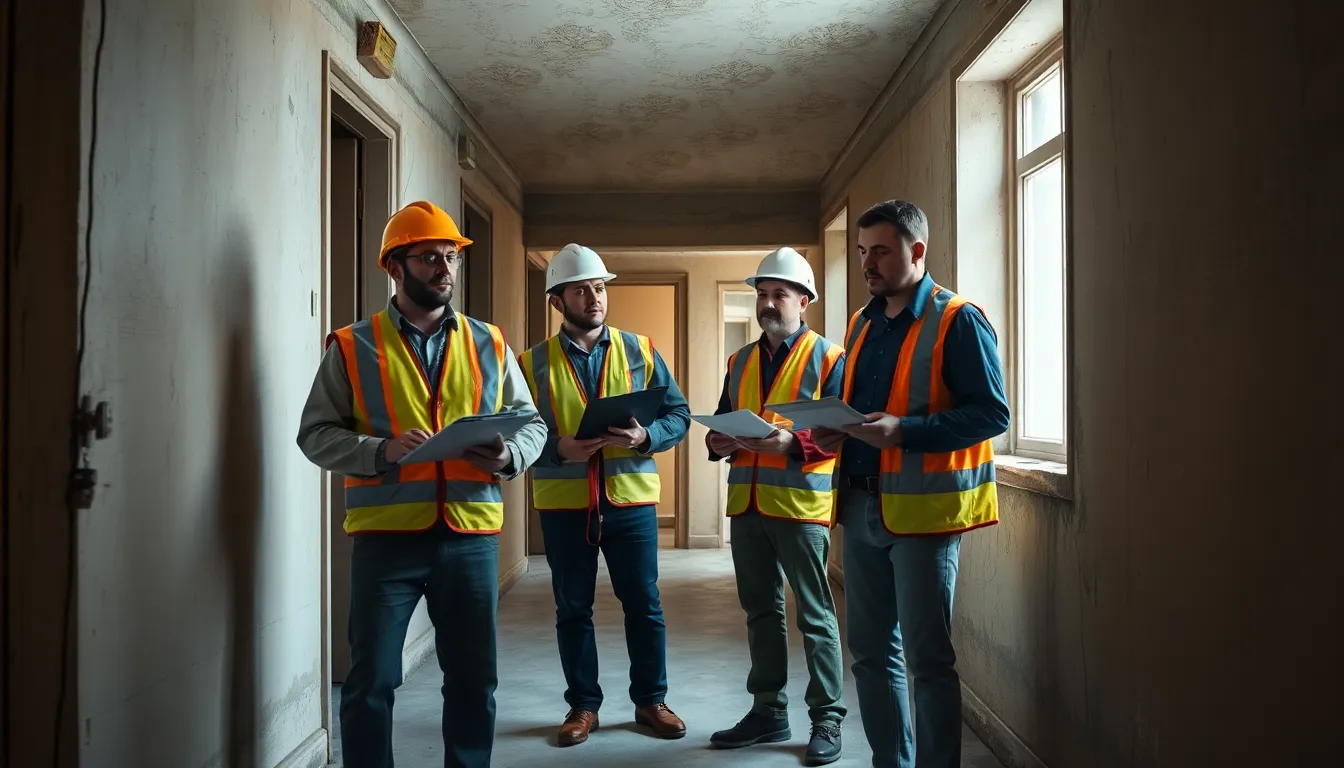 Quatre professionnels inspectant un hôtel ancien pour la présence d'amiante, équipés d'outils de diagnostic dans un couloir bien éclairé.