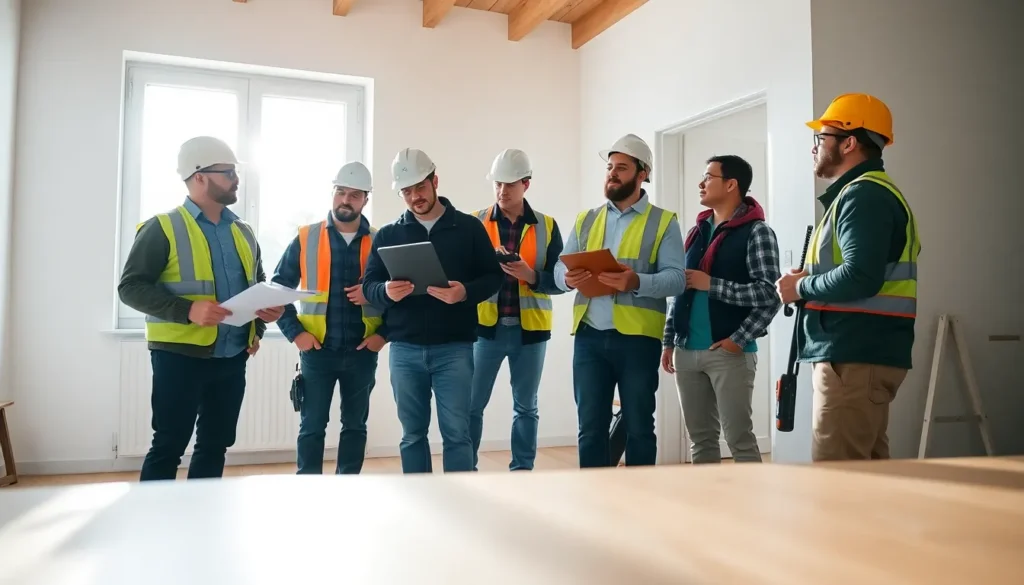 Un groupe de cinq professionnels réalisant un diagnostic de performance énergétique sur site dans un immeuble résidentiel, équipés d'outils techniques et de vêtements appropriés.