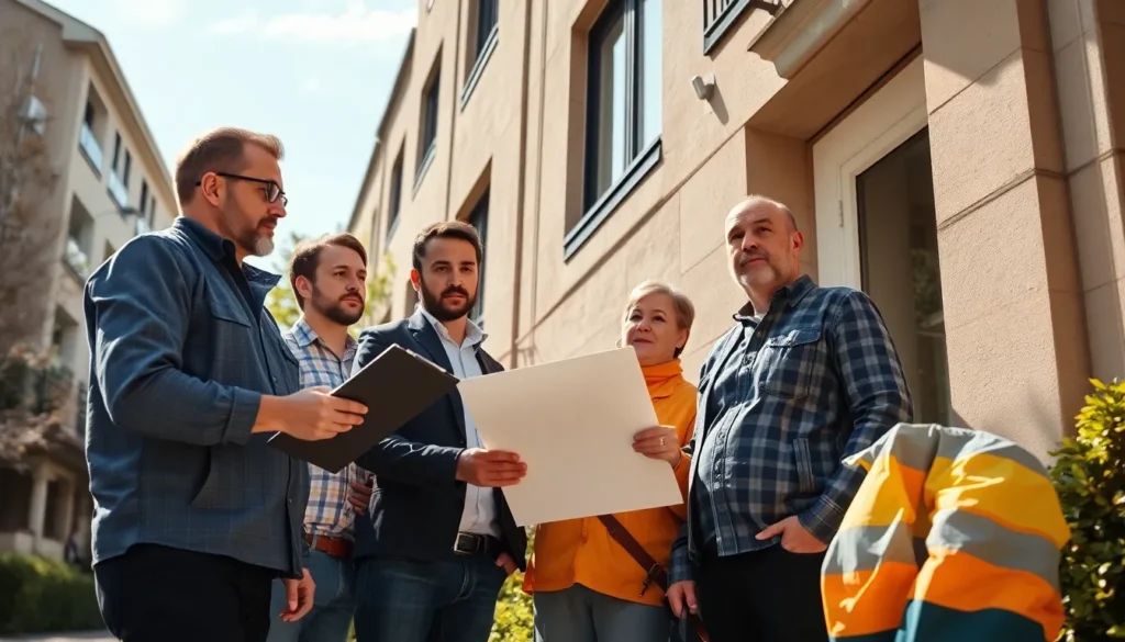 Cinq professionnels du diagnostic immobilier en inspection à l'extérieur d'un bâtiment résidentiel, examinant la façade et prenant des notes pour un diagnostic approfondi.