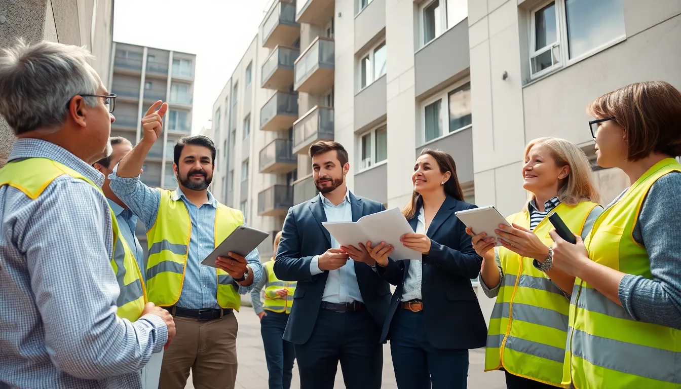 Cinq professionnels effectuant une inspection sur site d'un immeuble, analysant les diagnostics immobiliers, avec un focus sur la performance énergétique et la réglementation de sécurité.