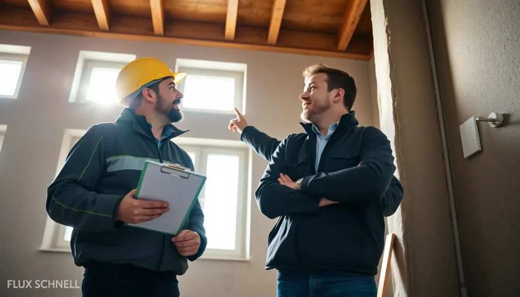Deux professionnels en tenue de travail inspectant l'efficacité énergétique d'un bâtiment résidentiel avec un clip pour des notes sur l'isolation.