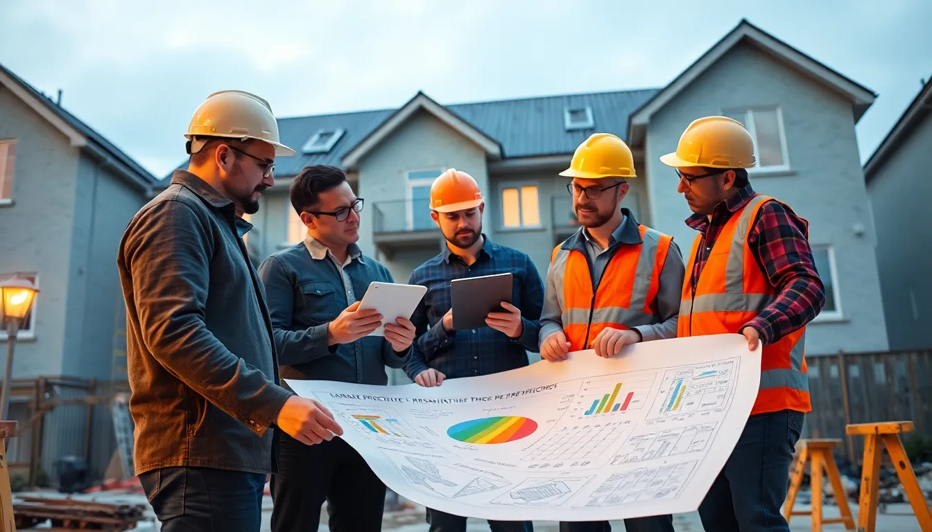 Équipe de professionnels en inspection d'un bâtiment résidentiel, discutant des performances énergétiques autour d'un plan, avec outils de construction en arrière-plan.