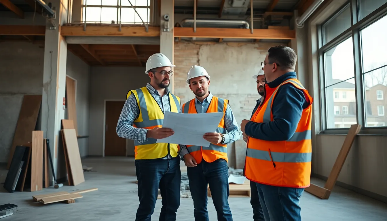Des professionnels en gilets de sécurité inspectant un bâtiment HLM en cours de rénovation énergétique, discutant des défis liés au projet.