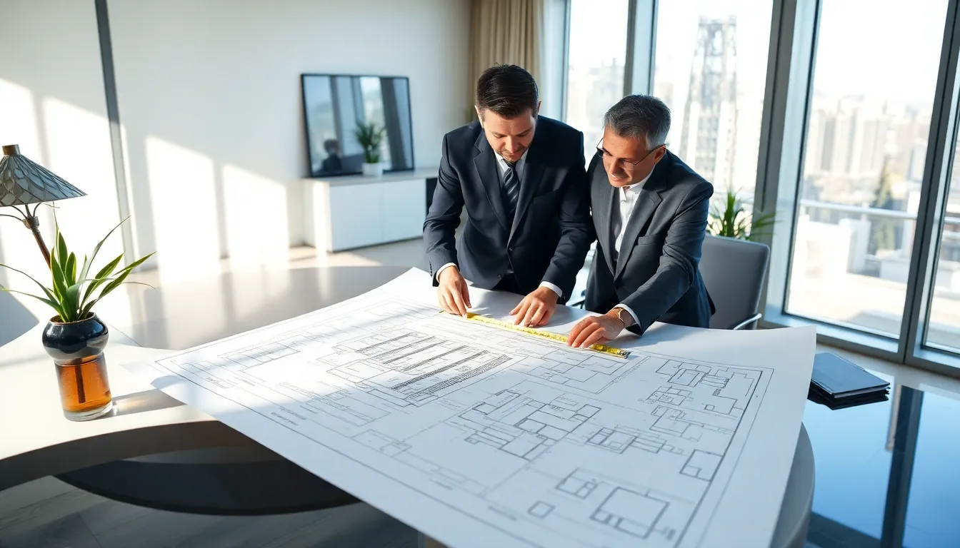 Deux professionnels dans un bureau bien éclairé examinant les calculs de la surface Carrez sur un plan architectural, avec une ambiance de travail collaborative.