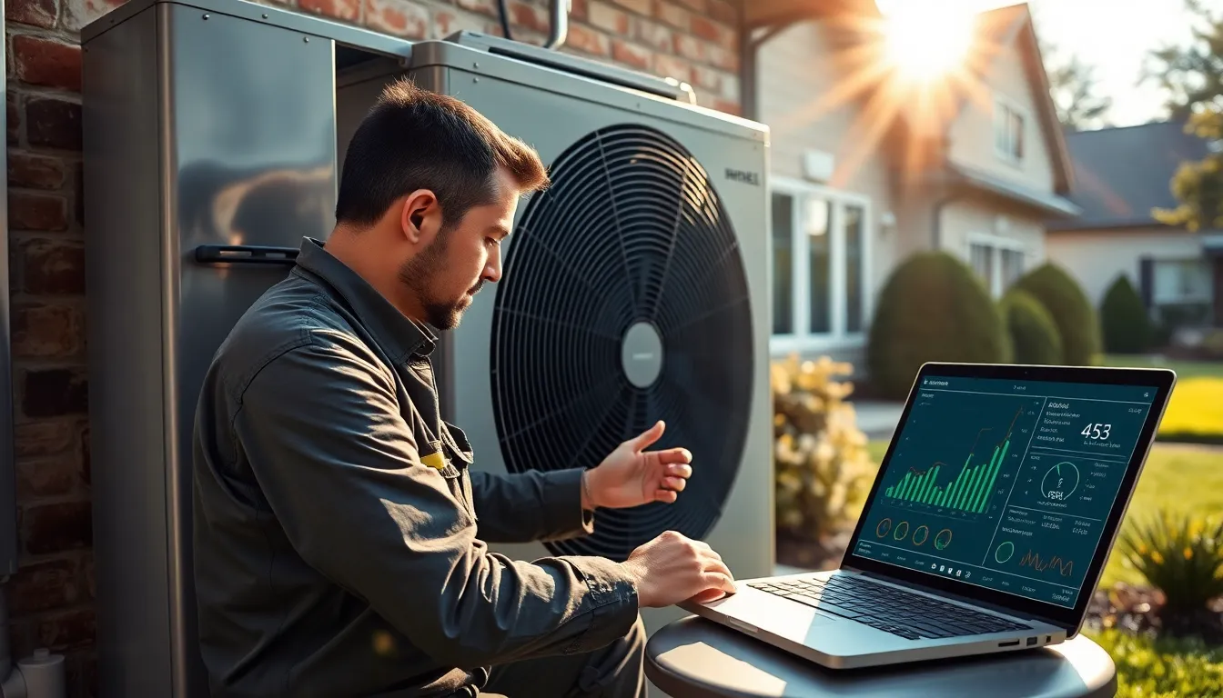 Technicien inspectant l'installation d'une pompe à chaleur dans une résidence, vérifiant les connexions et les réglages avec un ordinateur portable affichant des métriques de performance.