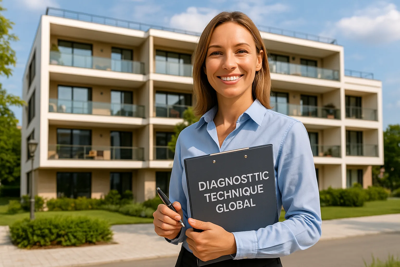 Diagnostiqueuse souriante devant une copropriété moderne lors d’un Diagnostic Technique Global.