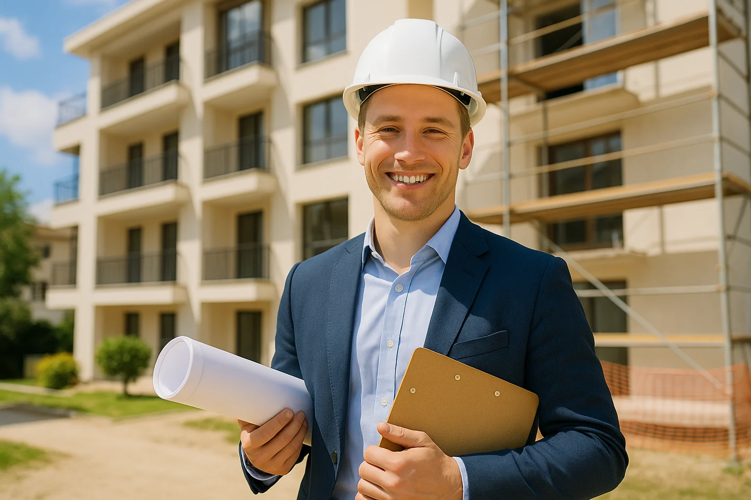 Diagnostiqueur souriant devant une copropriété, illustrant la préparation d’un Plan Pluriannuel de Travaux.