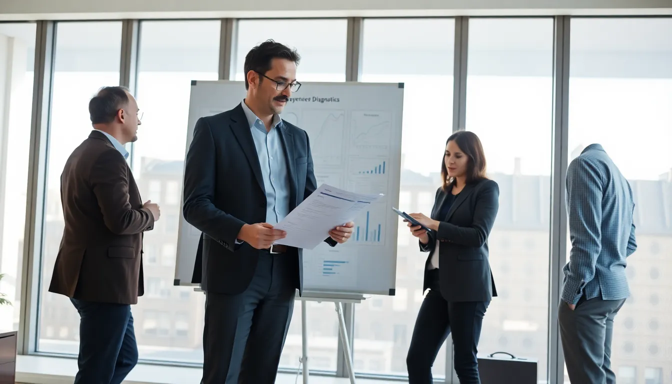 Simon Chicot et deux collègues discutant d'un rapport sur le diagnostic de performance énergétique dans un bureau moderne, avec des graphiques et un tableau blanc en arrière-plan.