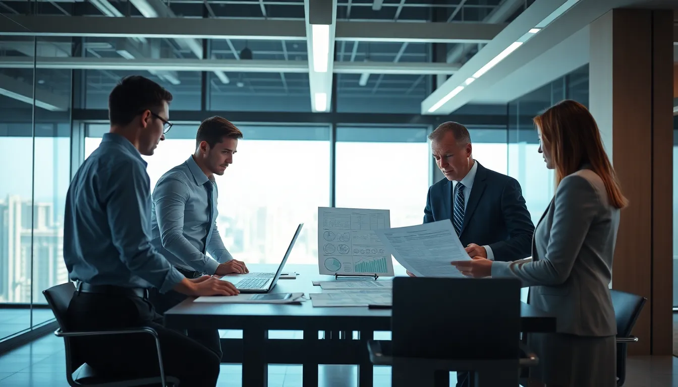 Cinq professionnels analysant ensemble un rapport de diagnostic de performance énergétique dans un bureau moderne avec éclairage cinématographique.