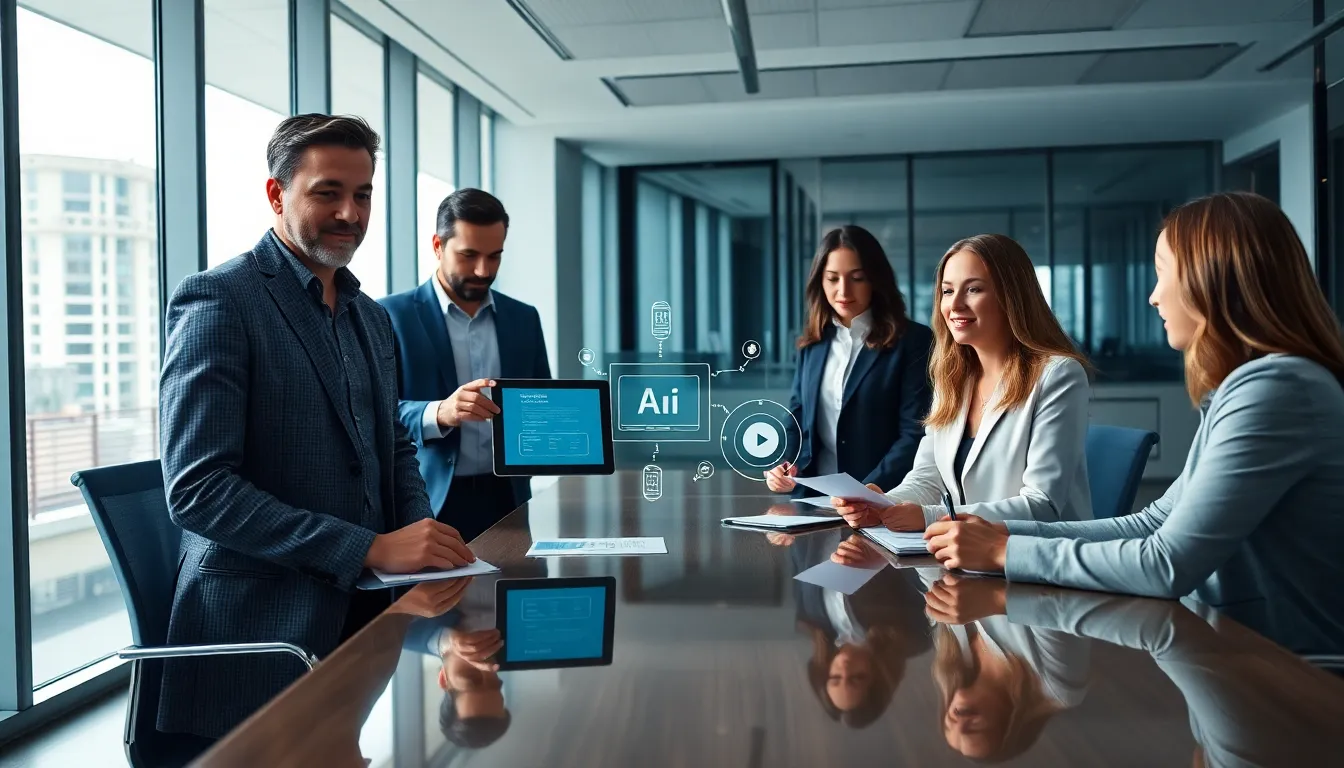 Équipe de cinq professionnels dans un bureau moderne discutant de l'intégration de l'intelligence artificielle dans les standards téléphoniques pour le diagnostic immobilier, avec un membre présentant des données sur une tablette.