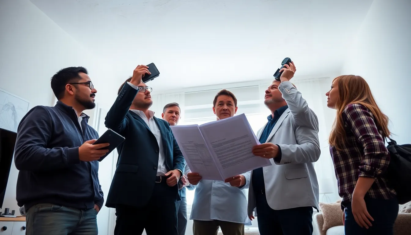 Groupe de cinq professionnels en diagnostics immobiliers examinant un appartement pour détecter l'amiante, utilisant des outils avancés dans un environnement sécurisé.