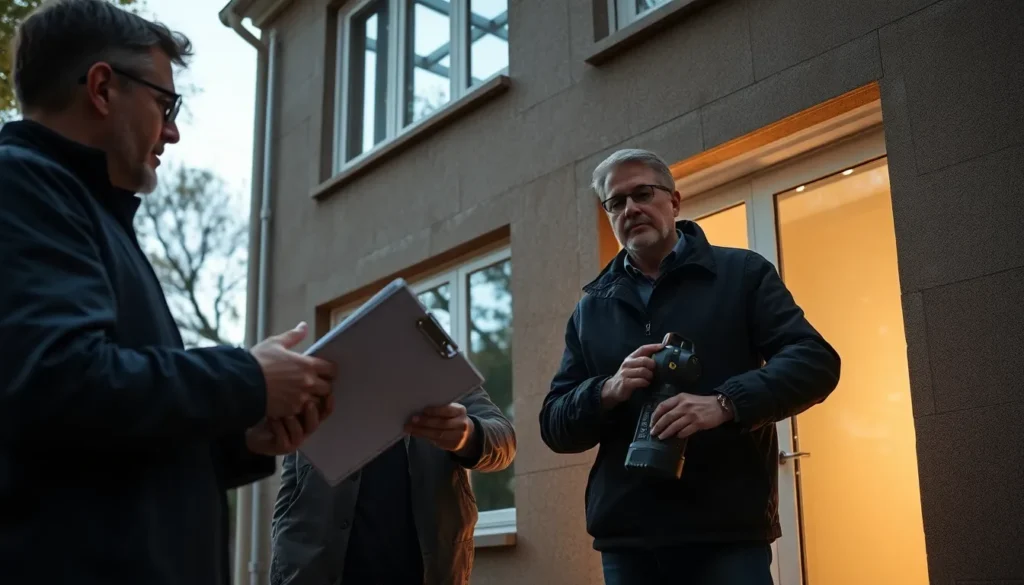 Deux professionnels inspectant un bâtiment résidentiel pour un diagnostic de performance énergétique, un expert prenant des notes sur une liste de contrôle.