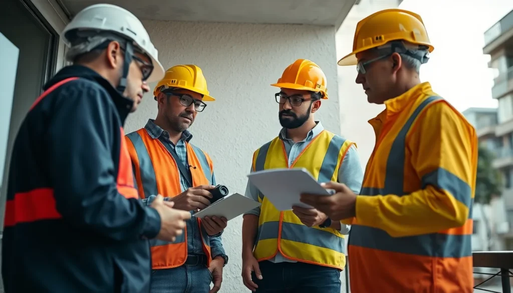Quatre professionnels en tenue de sécurité inspectant un immeuble résidentiel pour divers diagnostics immobiliers, incluant l'amiante et les termites.