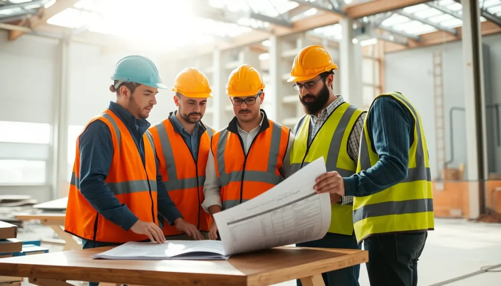 Cinq professionnels en casques de sécurité et gilets sur un chantier examinant un rapport de diagnostic de performance énergétique (DPE), discutant des résultats importants.