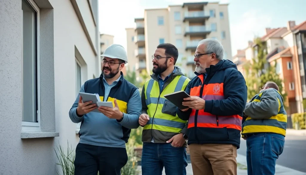 Quatre inspecteurs en diagnostic de performance énergétique autour d'un bâtiment résidentiel, prenant des notes et utilisant un appareil de diagnostic dans un environnement urbain.