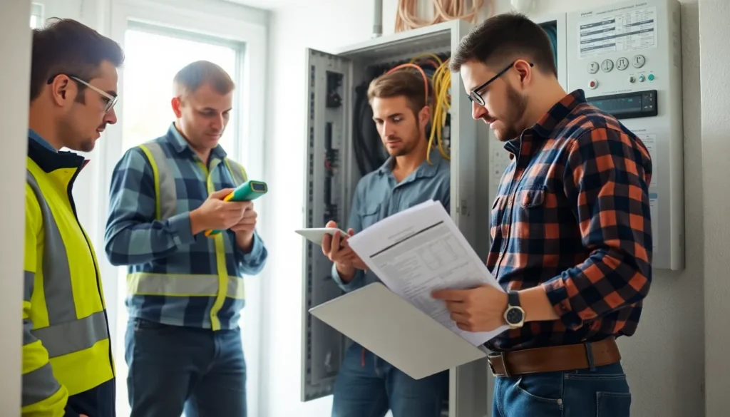 Trois professionnels du diagnostic électrique inspectant un tableau électrique résidentiel, mettant en avant des outils de sécurité et des équipements modernes.