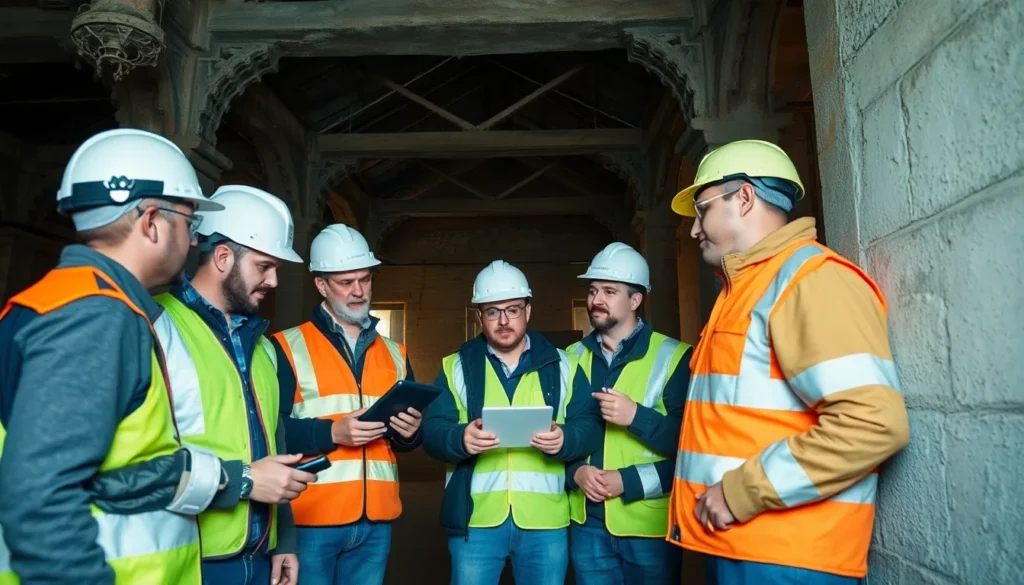 Cinq professionnels en équipement de sécurité inspectant un bâtiment ancien pour mesurer les niveaux de radon, utilisant des dispositifs spécialisés et discutant des résultats.