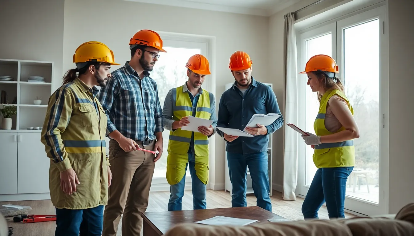 Équipe de quatre professionnels inspectant une propriété résidentielle pour des diagnostics immobiliers, vérifiant la présence de plomb et d'amiante, avec des instruments de mesure dans un environnement lumineux.