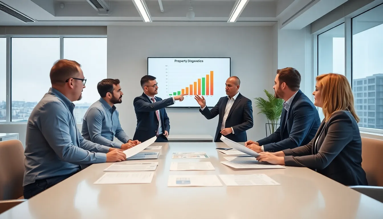 Cinq professionnels du diagnostic immobilier en réunion pour discuter des défis de la certification DPE, avec des rapports et un graphique affiché à l'écran dans un bureau moderne.