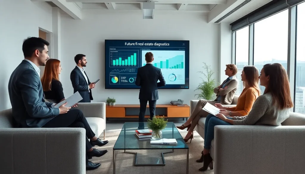 Un groupe de six professionnels dans un bureau moderne discutant de l'avenir des diagnostics immobiliers lors d'une réunion stratégique, avec un écran affichant des graphiques.