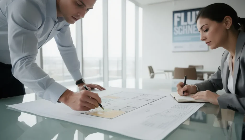 Deux professionnels examinant un plan dans un bureau moderne, mettant en avant l’expertise en diagnostics immobiliers pour des rénovations énergiques.