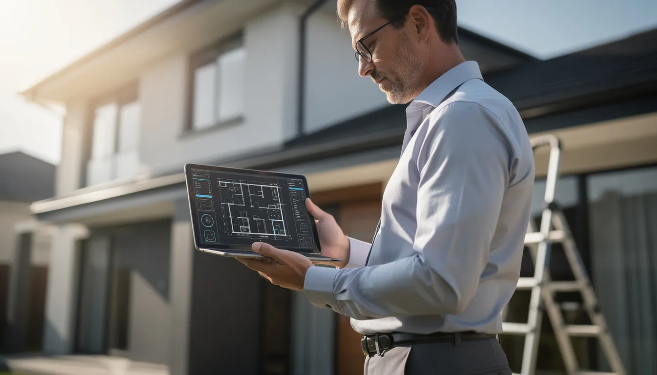 Un professionnel du diagnostic analysant des plans de bâtiment sur une tablette près d'une propriété résidentielle, mettant en avant l'expertise dans les diagnostics immobiliers.