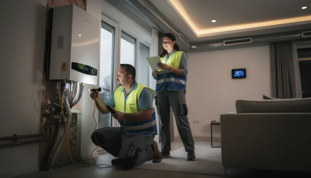 Deux professionnels effectuant un audit énergétique dans un bâtiment résidentiel, inspectant une pompe à chaleur avec des outils modernes et des notes sur une tablette.