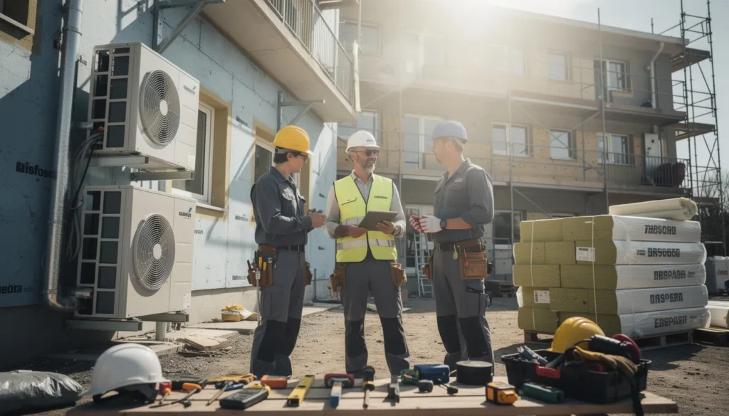 Professionnels sur un chantier de rénovation énergétique inspectant des installations éco-énergétiques avec ambiance lumineuse et organisée.