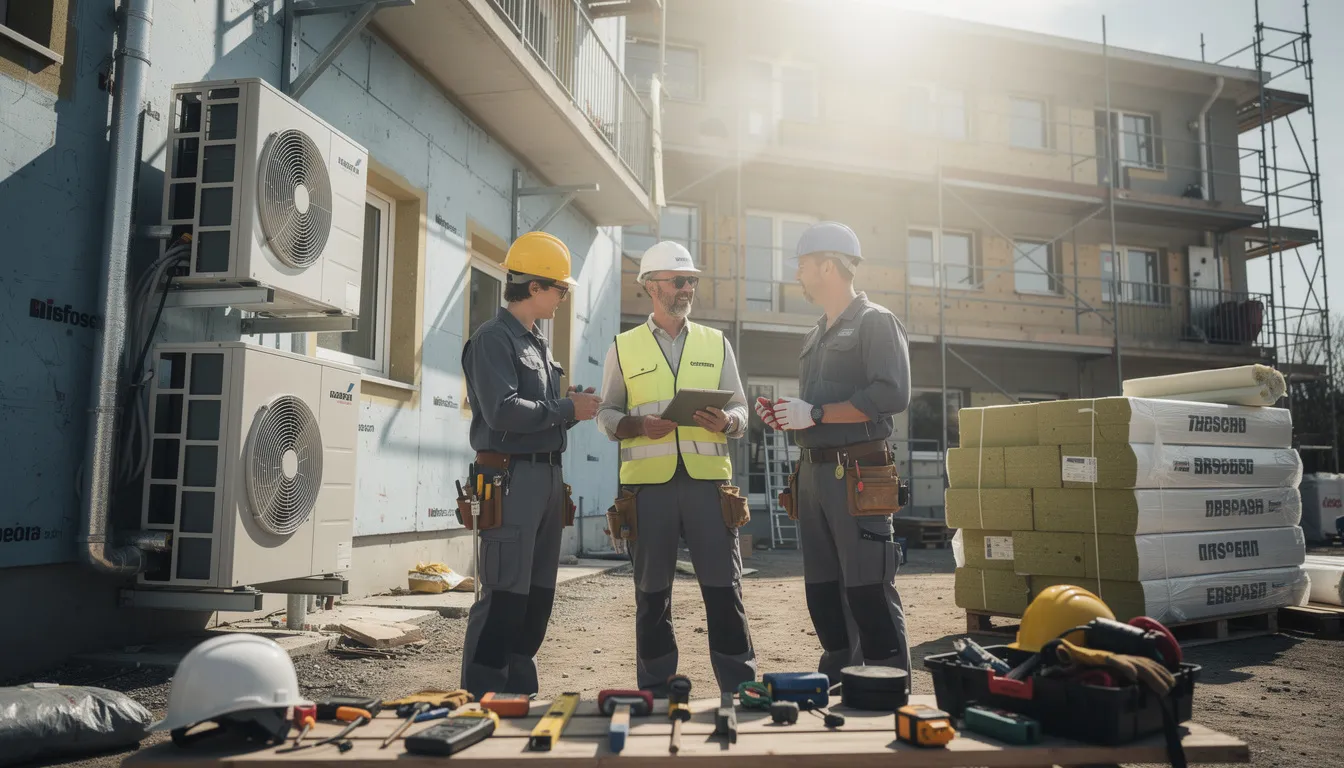 Professionnels sur un chantier de rénovation énergétique inspectant des installations éco-énergétiques avec ambiance lumineuse et organisée.
